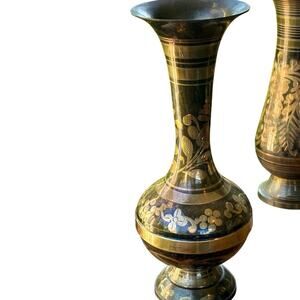 Vintage Brass Vase with Inlaid Floral Design – 7.5” – Made in India